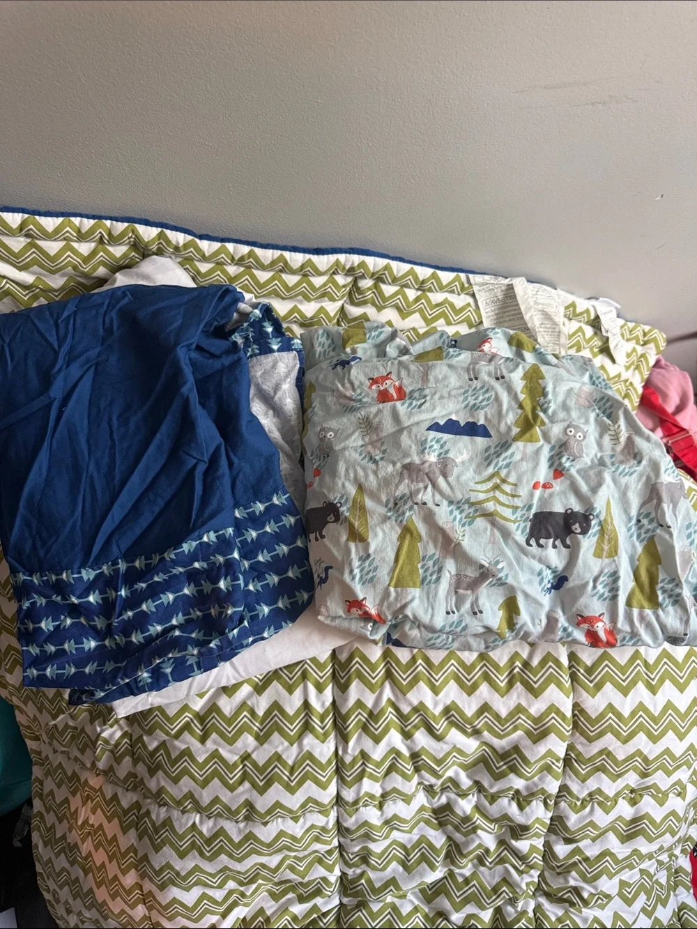 Preloved 3 piece crib bedding -Quilted Patchwork woodland characters